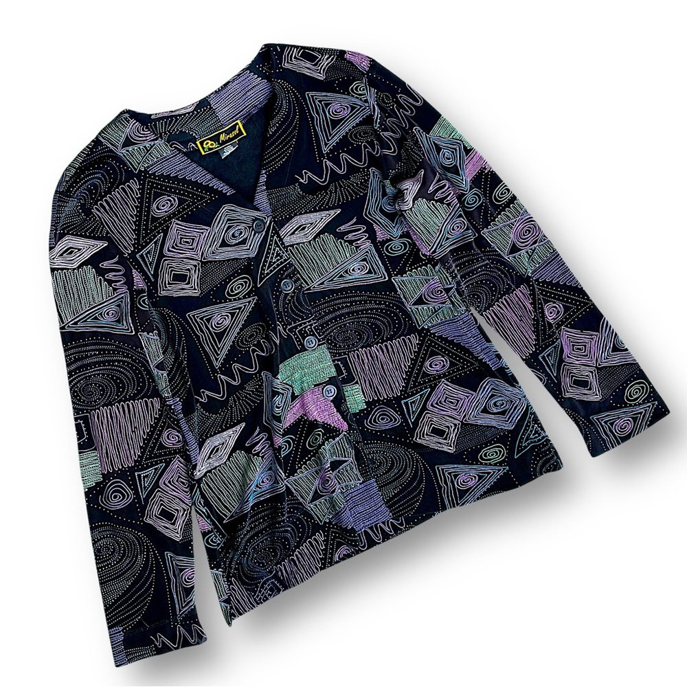 Vintage Geometric Print Cardigan in Black with Pastel Accents